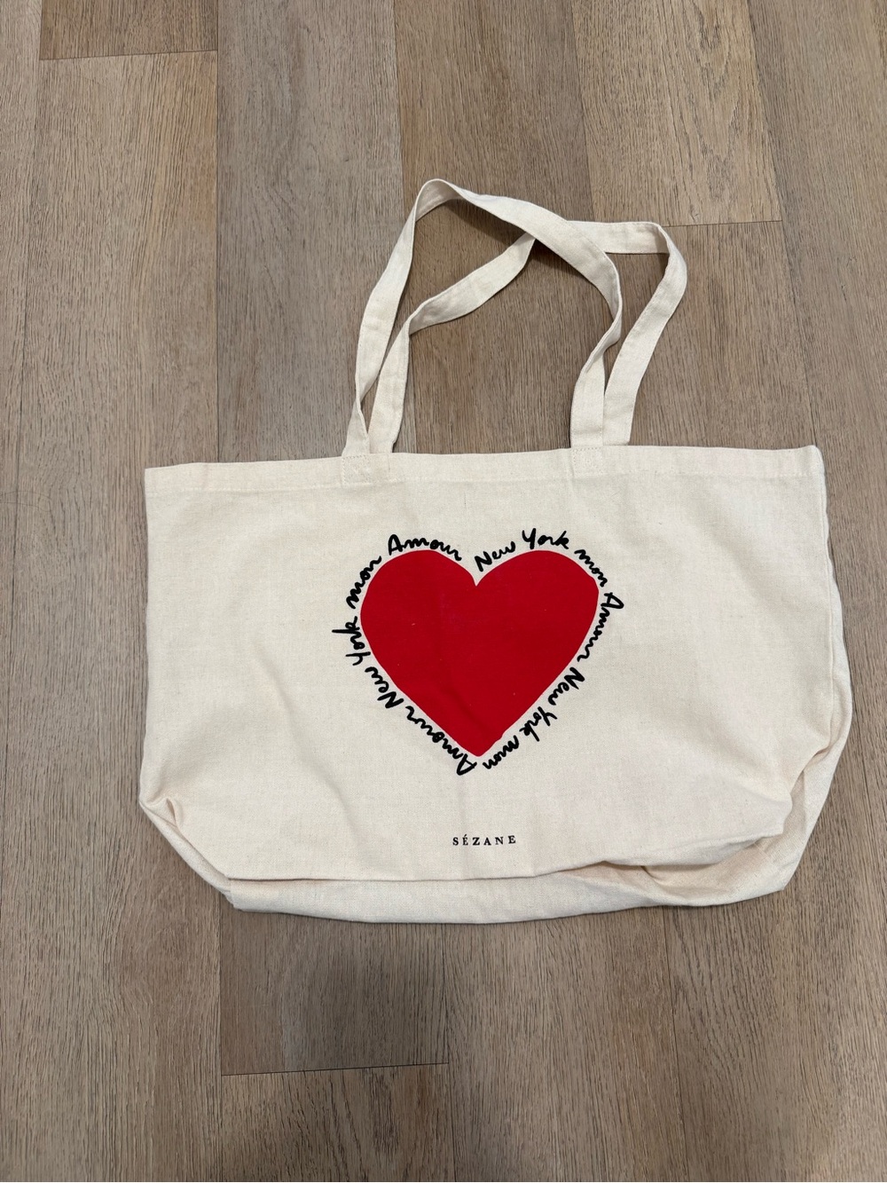 Sezane Cream Canvas Tote with Red Heart